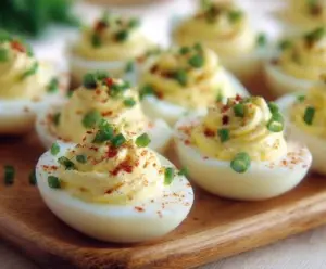 Cream Cheese Deviled Eggs: A savory appetizer with creamy filling topped with paprika.