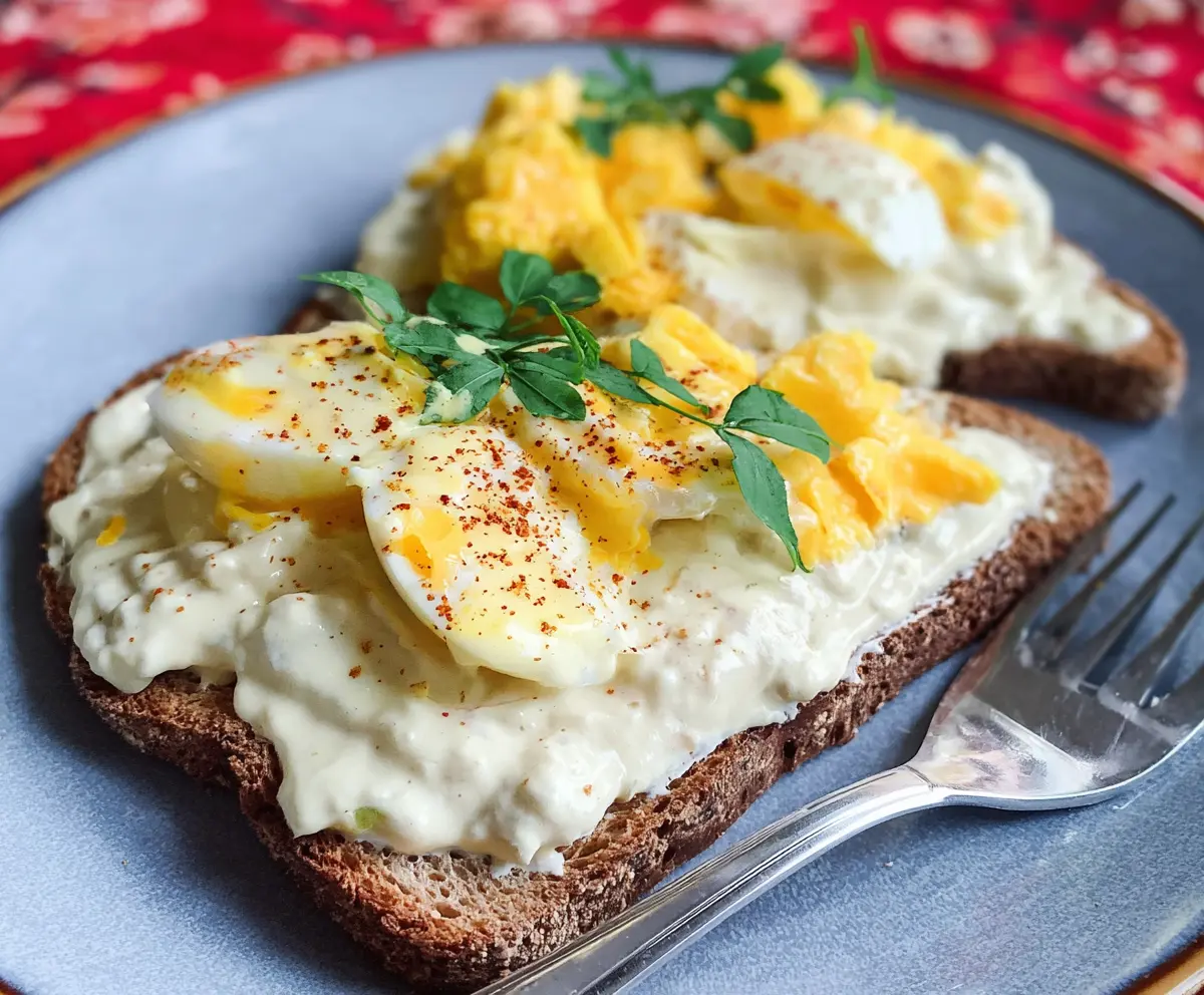 Delicious creamed eggs on toasted bread for breakfast or brunch.