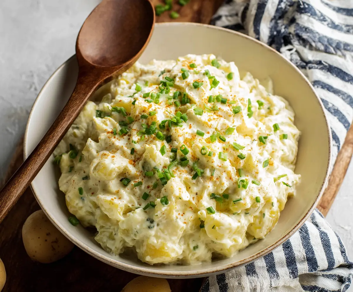 Delicious creamy potato salad with fresh herbs and a smooth dressing, perfect for picnics and gatherings.