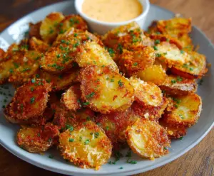 Golden crispy Parmesan potatoes served as a savory side dish for dinner.