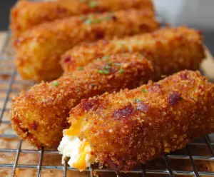 Delicious crispy loaded potato cheese sticks served on a plate, perfect for snacking or party appetizers.