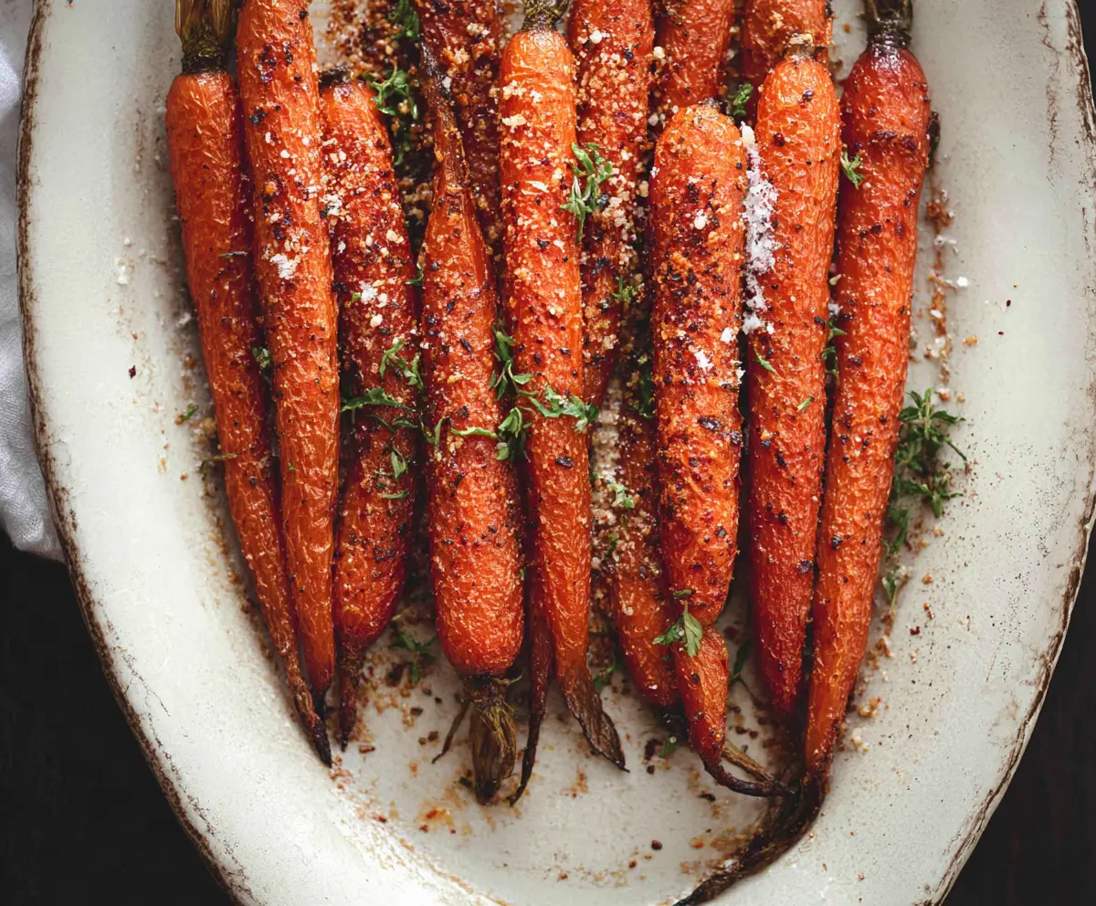 Bowl of crispy roasted carrots garnished with herbs, perfect for a healthy side dish.