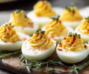 Delicious deviled eggs with creamy filling and paprika topping on a white plate