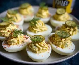 Delicious Dill Pickle Deviled Eggs garnished with fresh dill, perfect for snacking or parties.