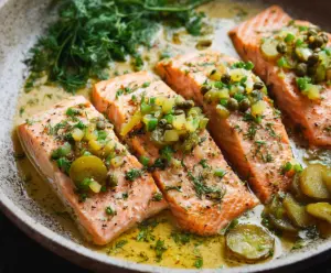 Delicious Dill Pickle Salmon dish with fresh dill and crispy salmon fillet