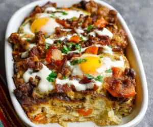 Delicious Easter Breakfast Bake with eggs, cheese, and fresh herbs on a festive plate.