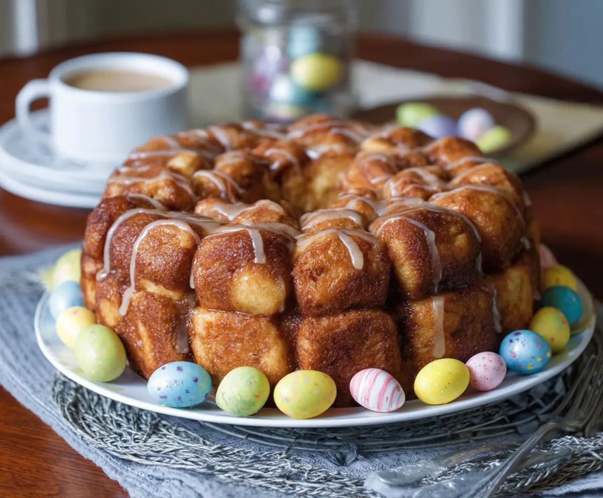 Delicious Easter Brunch Monkey Bread in a festive setting, showcasing golden layers of sweet, pull-apart pastry.