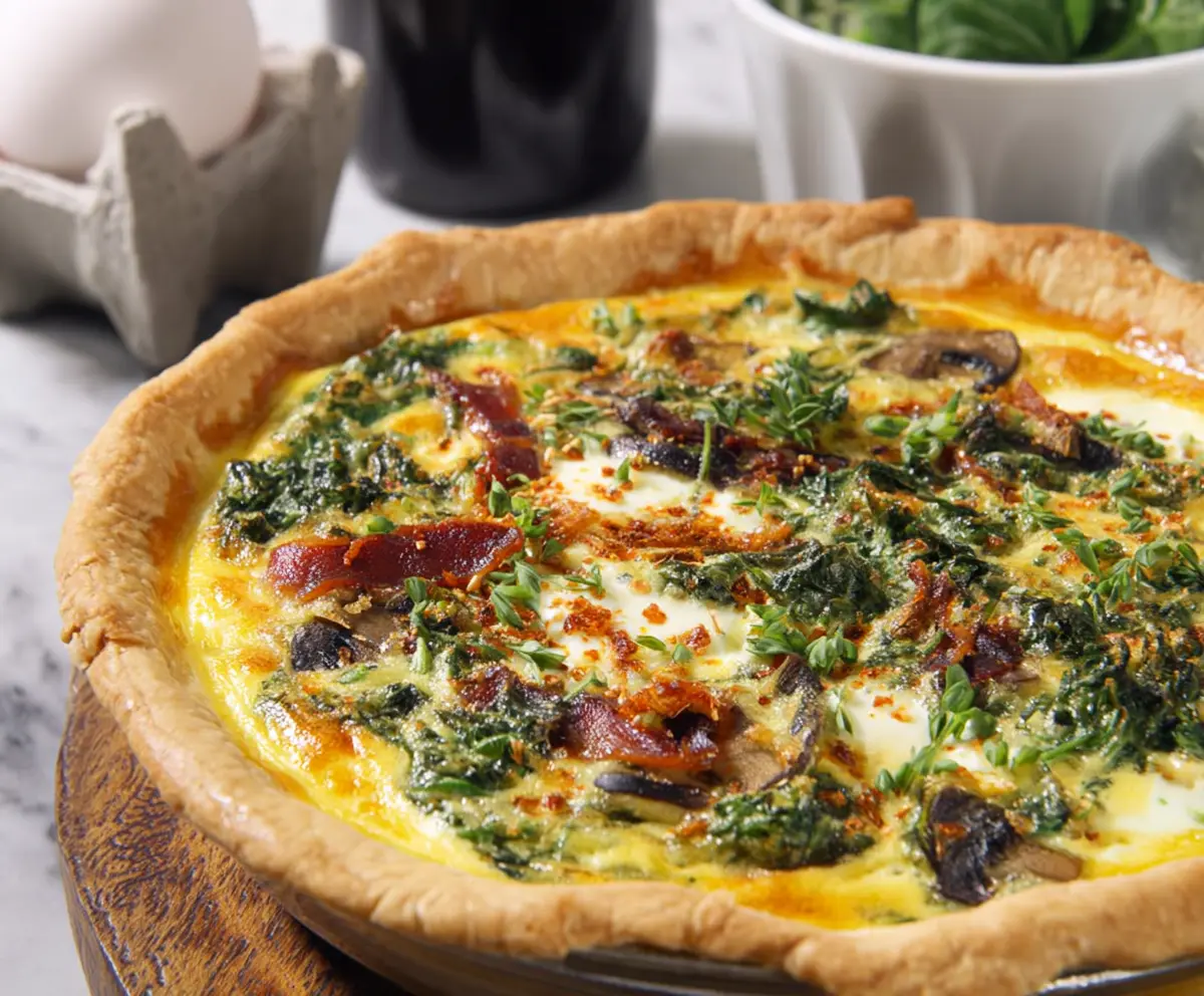 Delicious Easter brunch quiche with fresh vegetables and melted cheese on a serving plate.