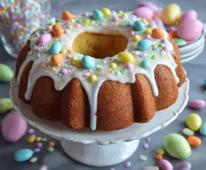 Delicious Easter Bundt Cake decorated with colorful icing and festive sprinkles.