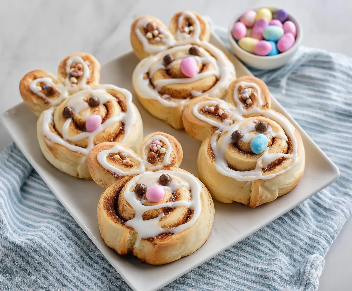 Easter Bunny Cinnamon Rolls decorated with icing and colorful sprinkles for Easter celebration.