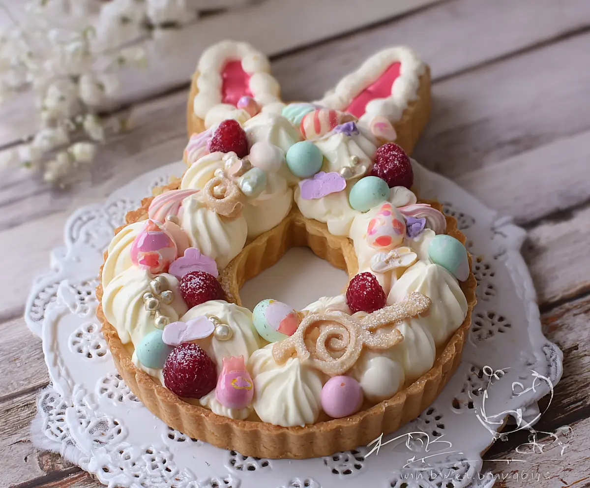 Delicious Easter Bunny Cream Tart topped with colorful candies and festive decorations.