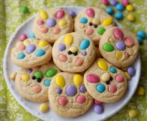 Delicious Easter Bunny M&M's Cookies with colorful candy toppings for festive treats.