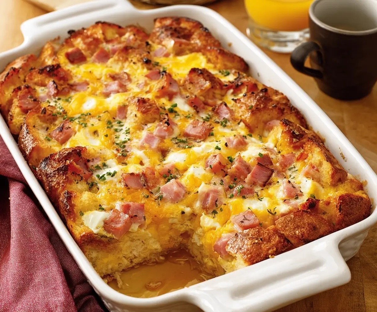 Delicious Easter cheesy ham and egg casserole topped with melted cheese and fresh herbs.