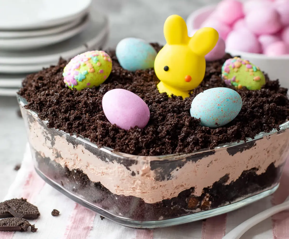 Delicious Easter Dirt Cake with chocolate cookies, pudding, and playful candy decorations for a festive celebration.