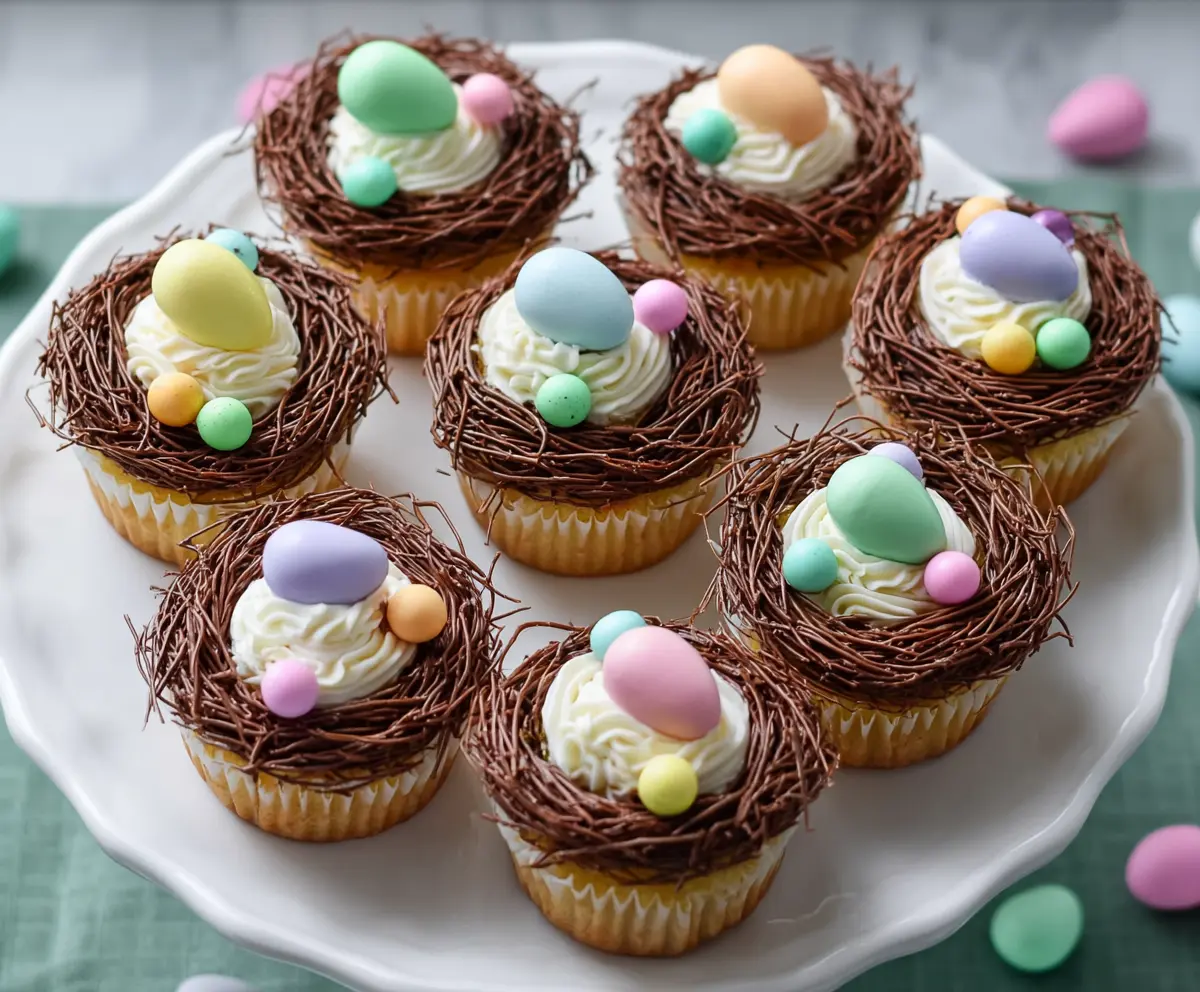 Delicious Easter Egg Nest Cupcakes topped with colorful candies and chocolate sprinkles for festive celebration.