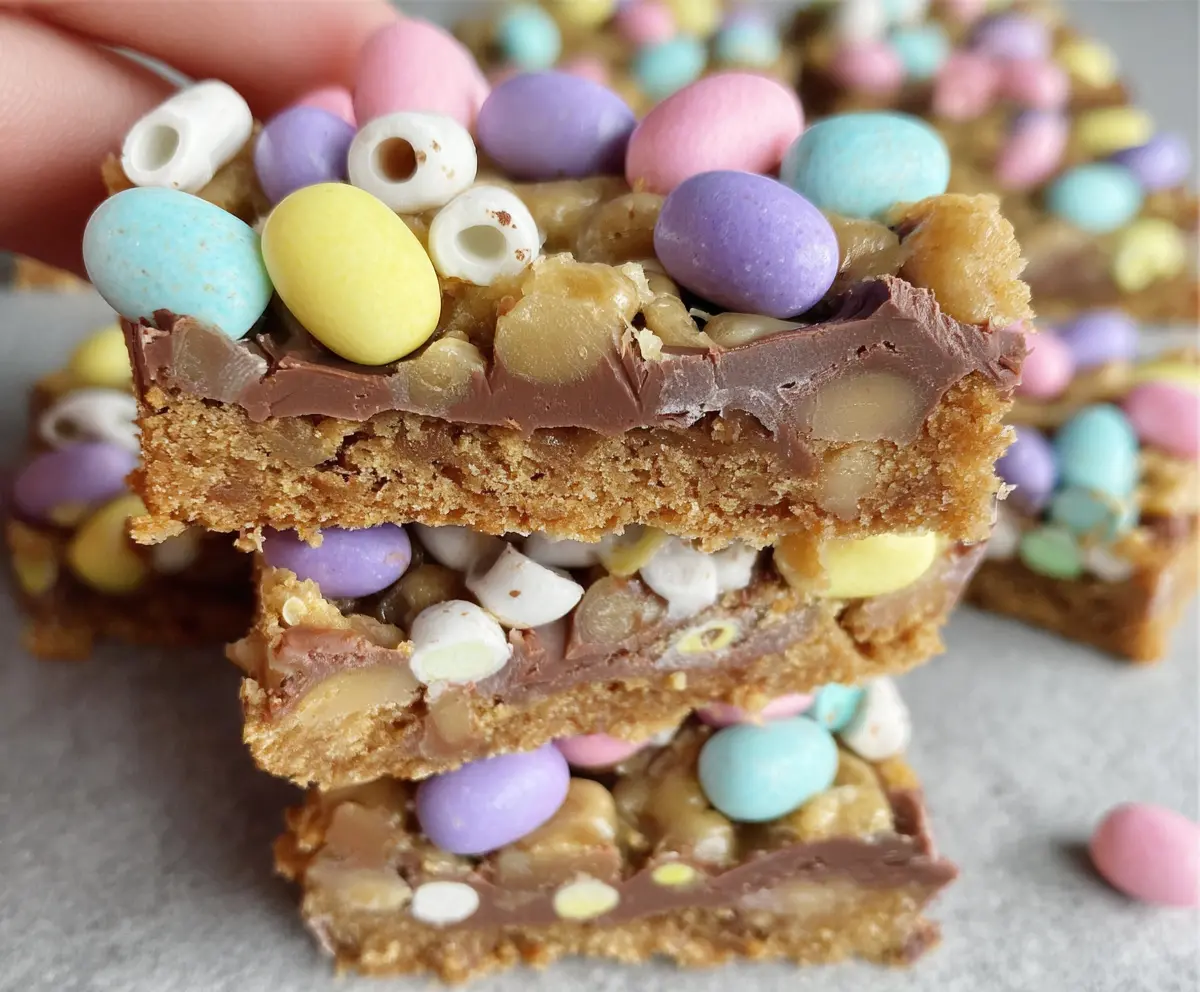 Easter Goody Bars decorated with colorful sprinkles and chocolate for festive celebration.