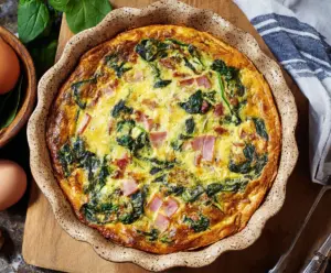 Delicious Easter Ham and Spinach Quiche served on a white plate