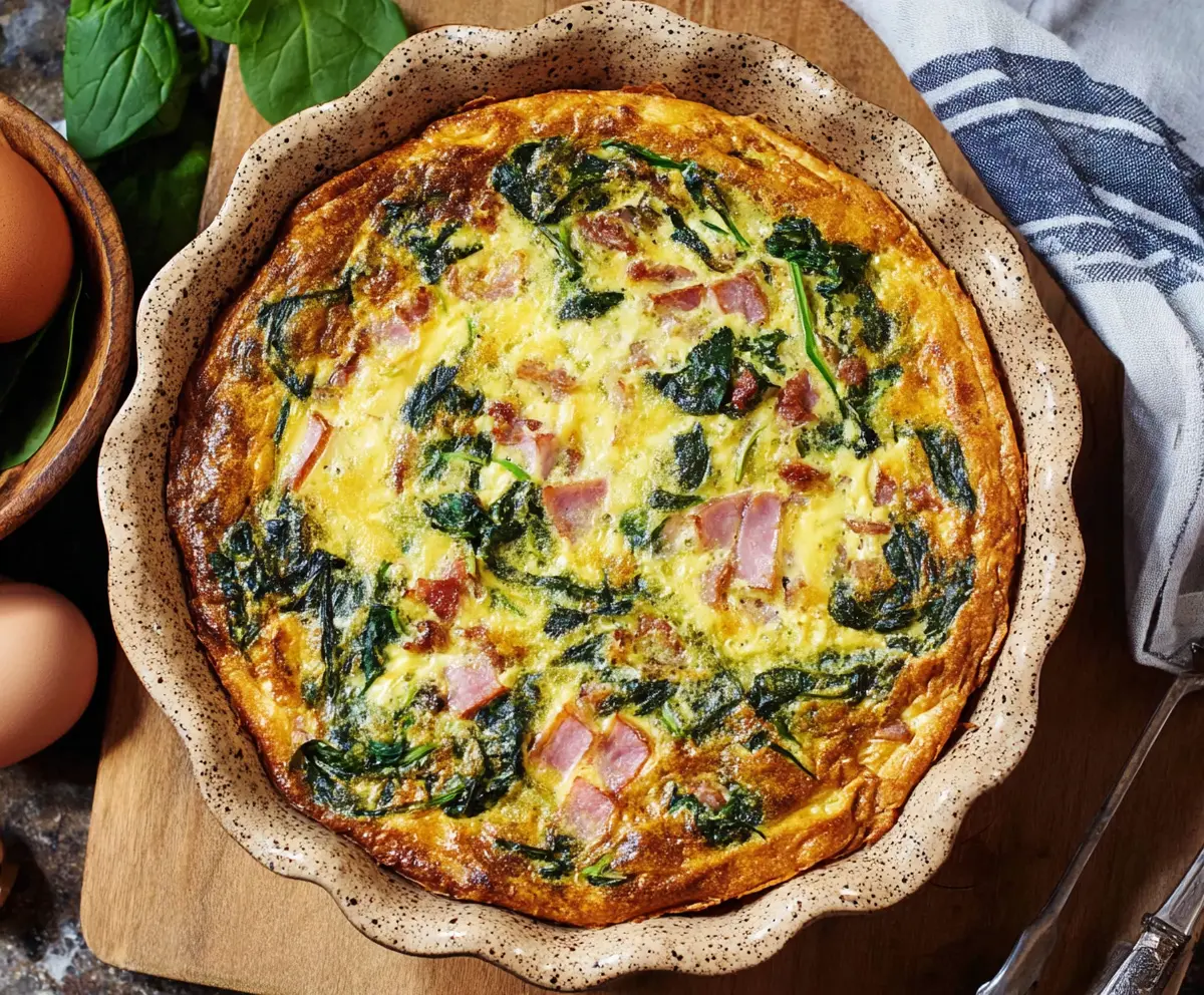 Delicious Easter Ham and Spinach Quiche served on a white plate