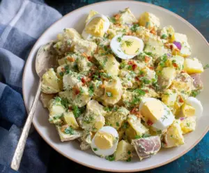 Easter Potato Salad with colorful vegetables and fresh herbs on a festive table.