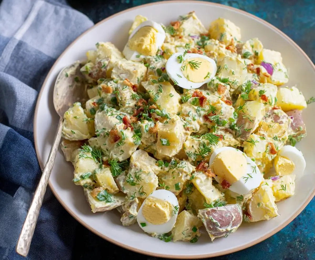 Easter Potato Salad with colorful vegetables and fresh herbs on a festive table.
