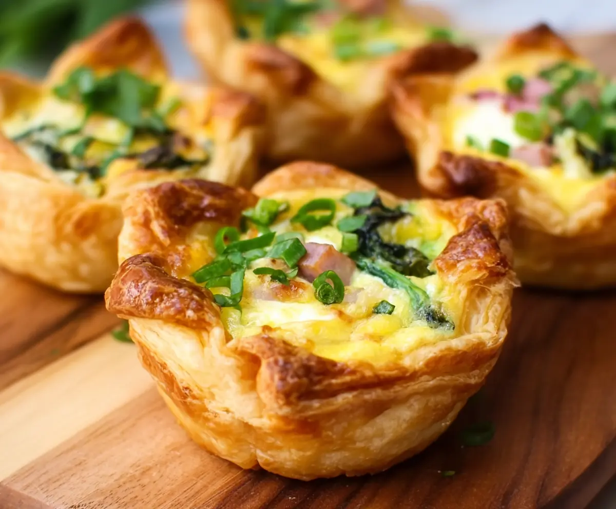 Delicious Easter puff pastry quiche cups filled with cheese and vegetables, perfect for spring celebrations.
