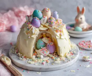 Delicious Epic Easter Egg Smash Cake with colorful decorations and festive toppings for Easter celebration.