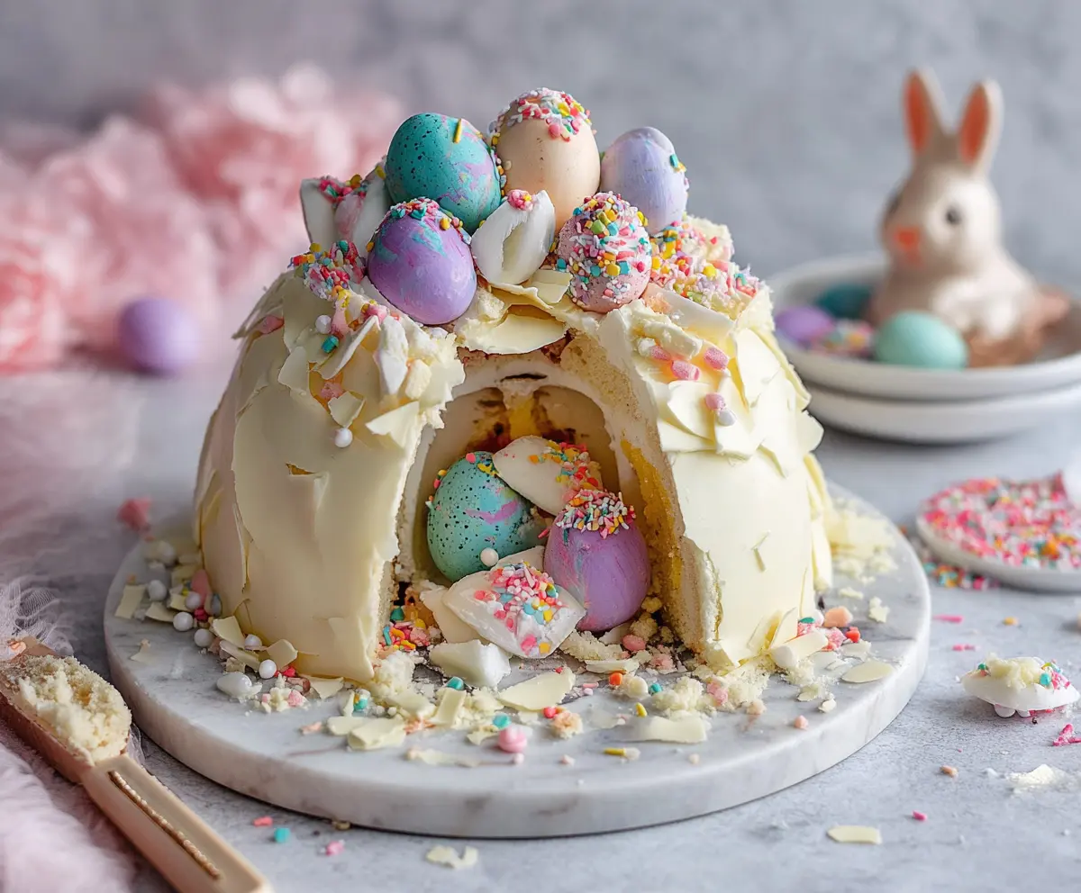 Delicious Epic Easter Egg Smash Cake with colorful decorations and festive toppings for Easter celebration.