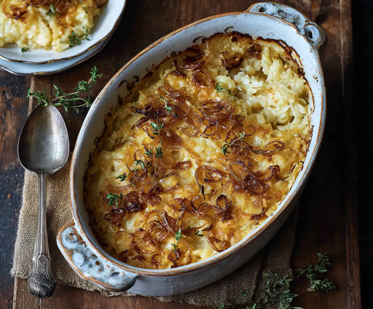 Delicious French Onion Funeral Potatoes baked to perfection with melted cheese and crispy toppings.
