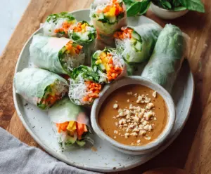 Fresh spring rolls filled with vegetables and herbs served with creamy peanut sauce.