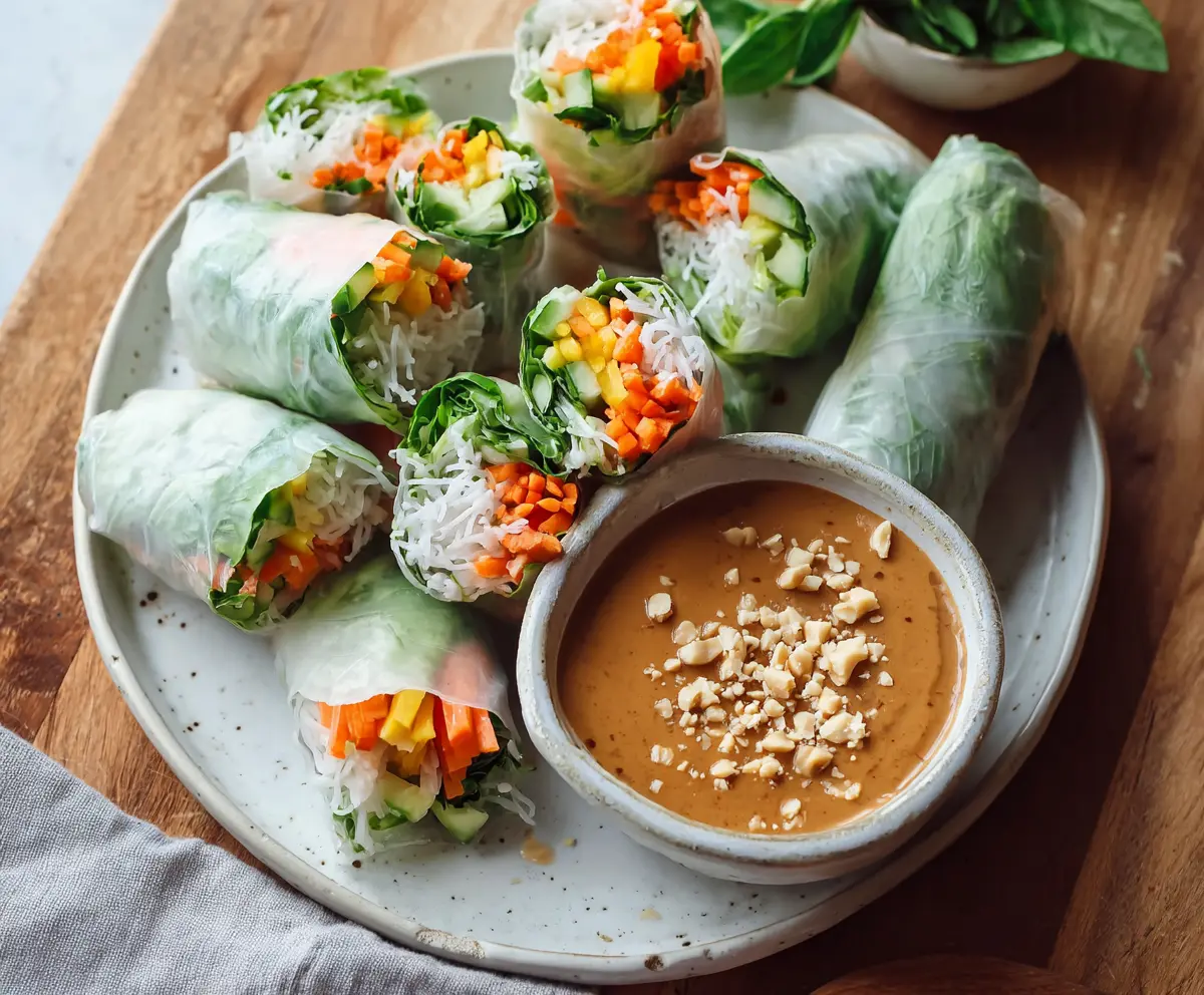 Fresh spring rolls filled with vegetables and herbs served with creamy peanut sauce.
