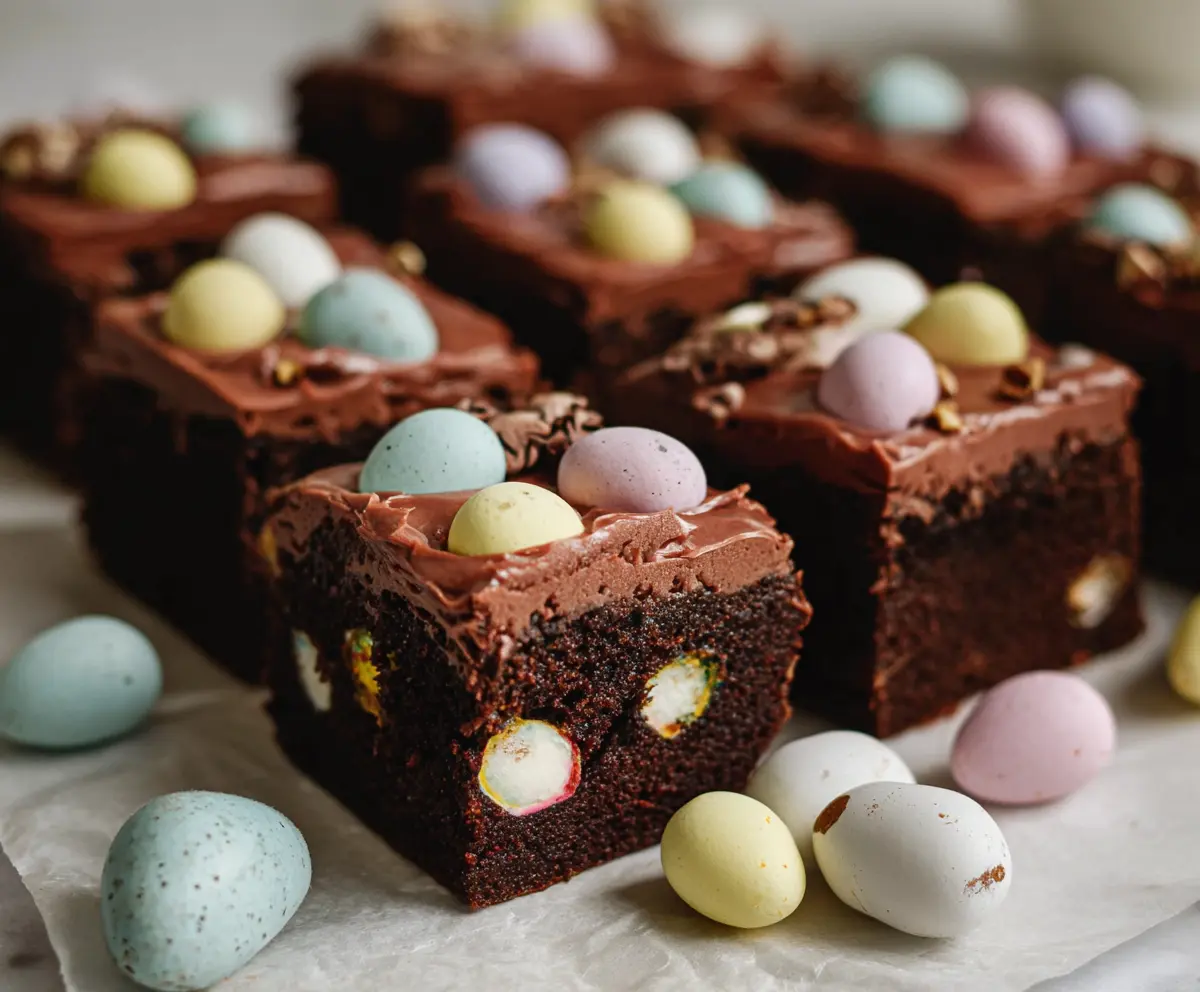 Chocolate frosting topped mini egg Easter brownies for festive spring celebrations