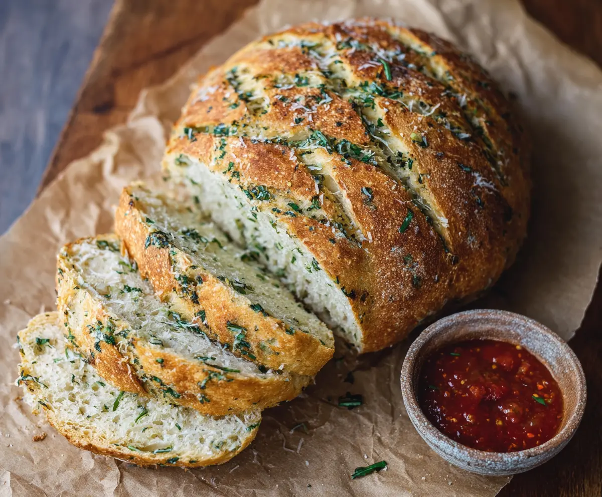 Freshly baked garlic and herb sourdough bread sliced open showcasing its fluffy interior and crispy crust.