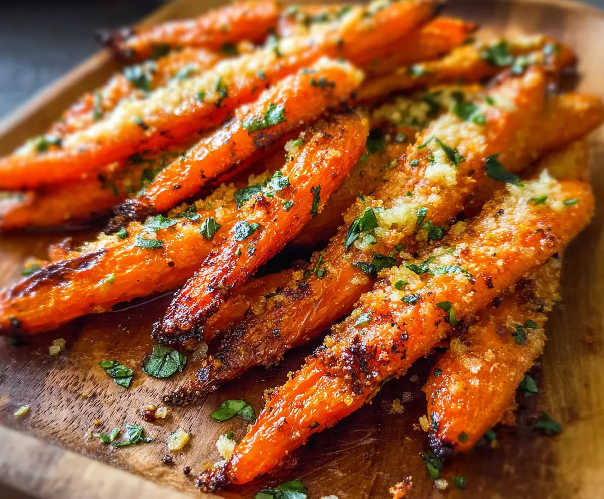 Delicious garlic Parmesan roasted carrots garnished with fresh herbs on a rustic wooden plate.