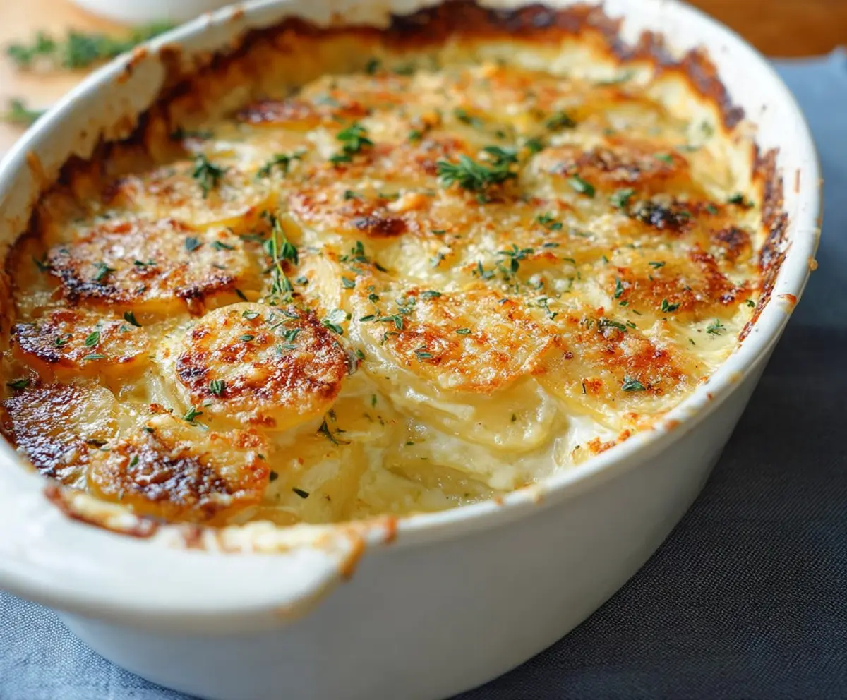 Delicious Gordon Ramsay Potato Gratin with golden, crispy cheese topping on a rustic wooden table.