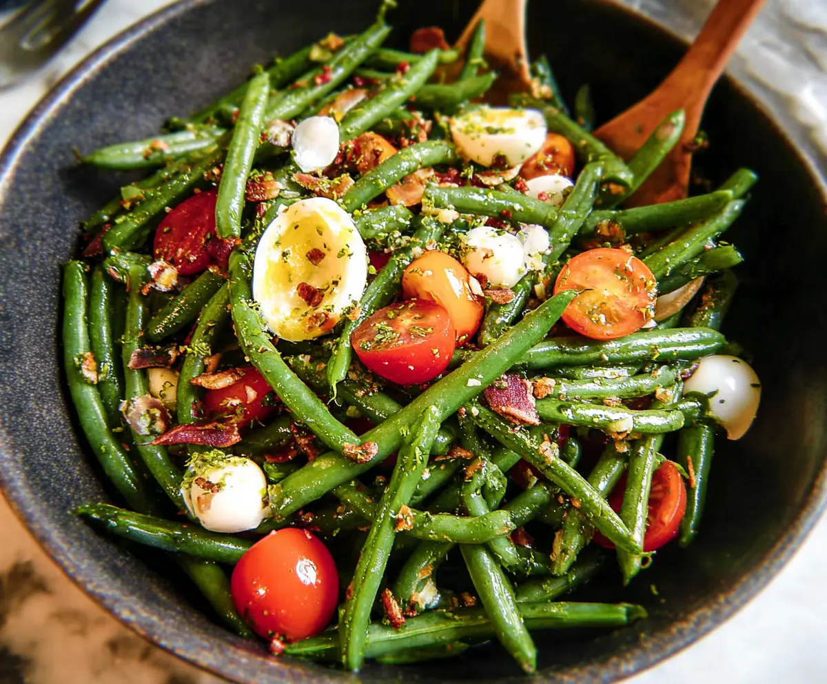 Fresh green bean salad with cherry tomatoes and herbs, perfect for a healthy appetizer or side dish.