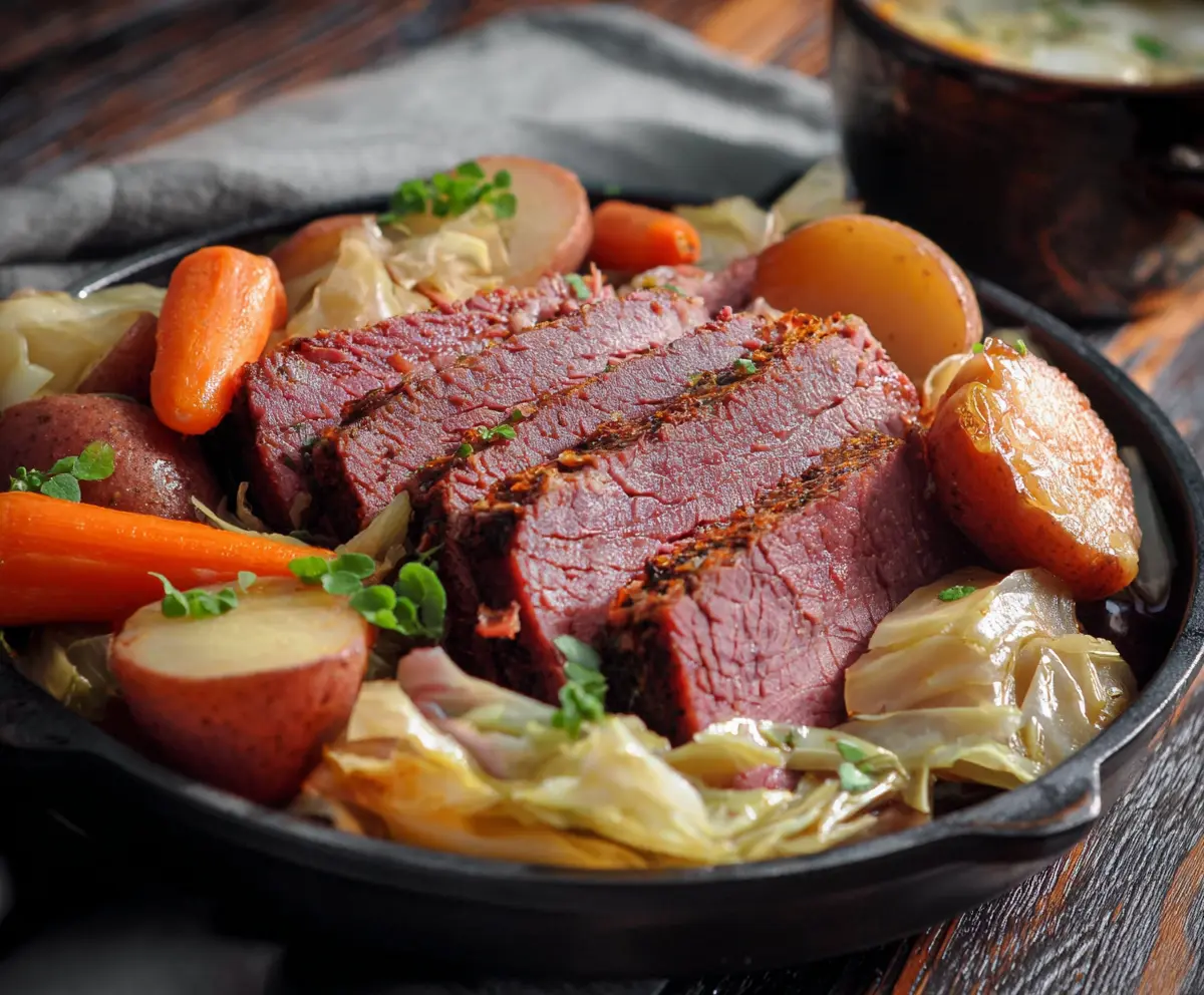 Delicious Guinness braised corned beef with tender cabbage and potatoes on a rustic plate.