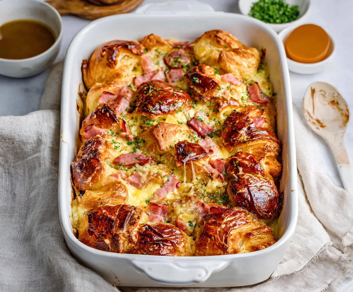 Delicious Ham and Cheese Croissant Brunch Bake served hot with melted cheese and flaky croissants.