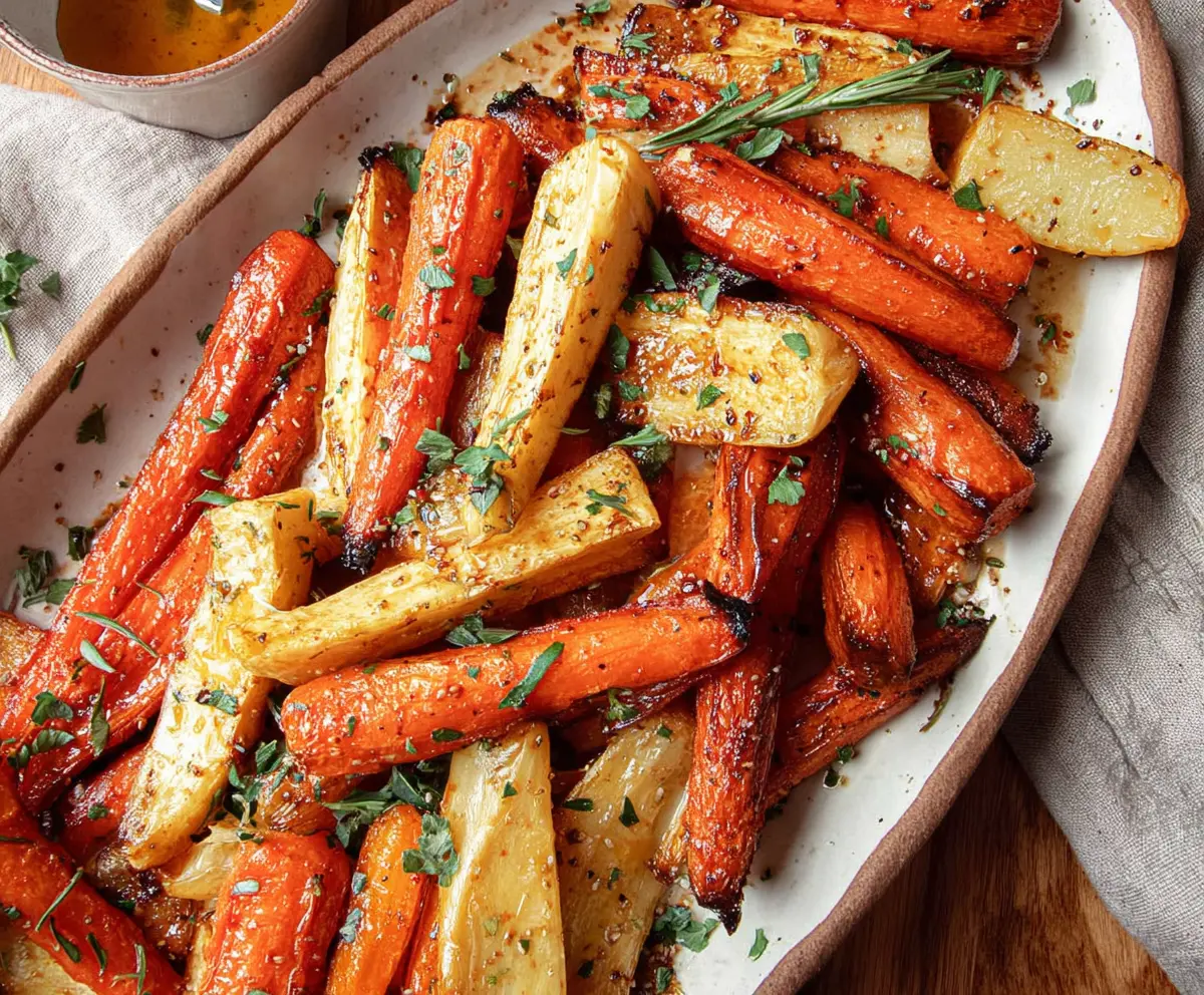 Honey garlic roasted carrots and parsnips served as a delicious vegetable side dish