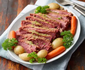 Tender Instant Pot corned beef brisket served with vegetables for a hearty meal