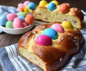 Traditional Italian Easter bread with vibrant dyed eggs for festive celebration.