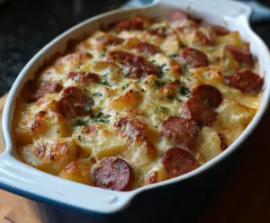 Delicious Kielbasa Sausage Cheesy Potato Casserole served hot with melted cheese and crispy sausage slices.