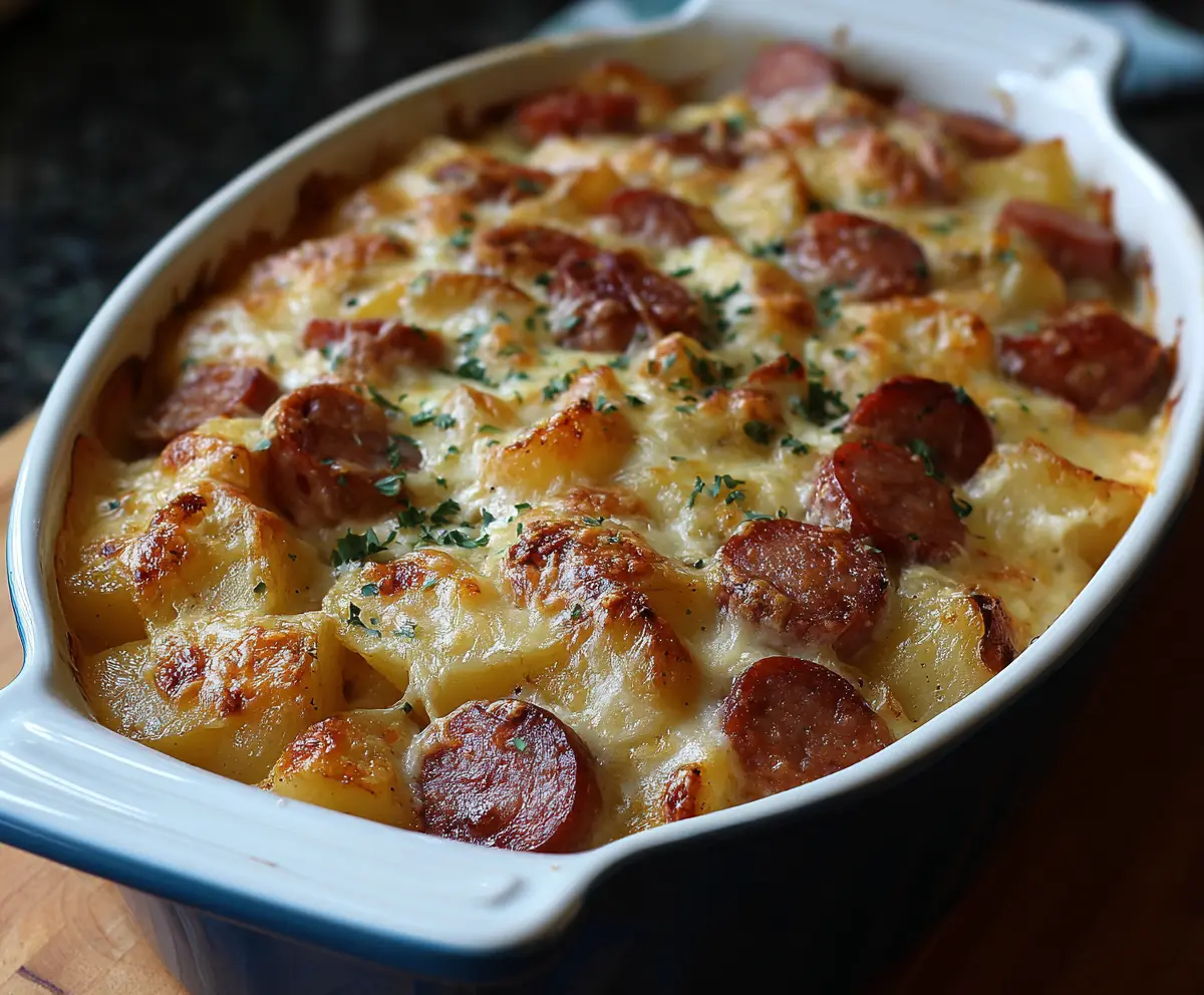 Delicious Kielbasa Sausage Cheesy Potato Casserole served hot with melted cheese and crispy sausage slices.