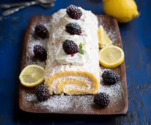 Delicious lemon and blackberry cake roll with fresh fruit filling and moist sponge cake