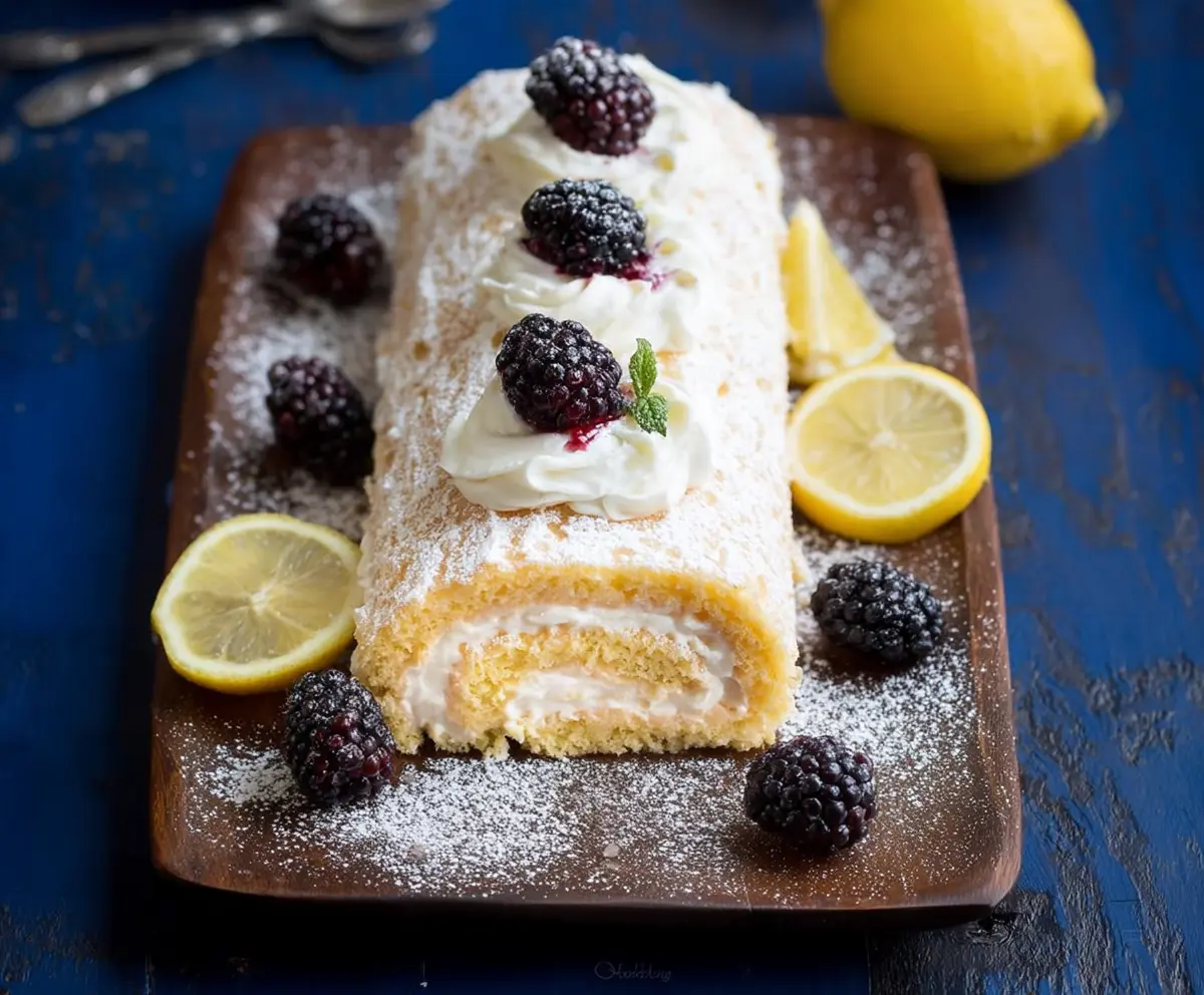Delicious lemon and blackberry cake roll with fresh fruit filling and moist sponge cake