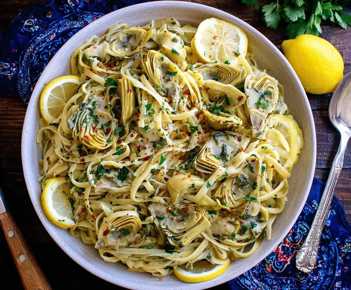 Delicious Lemon Artichoke Pasta served on a plate with fresh basil garnish
