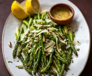 Refreshing Lemon Asparagus Salad topped with shaved cheese and crunchy nuts, perfect for a healthy meal.