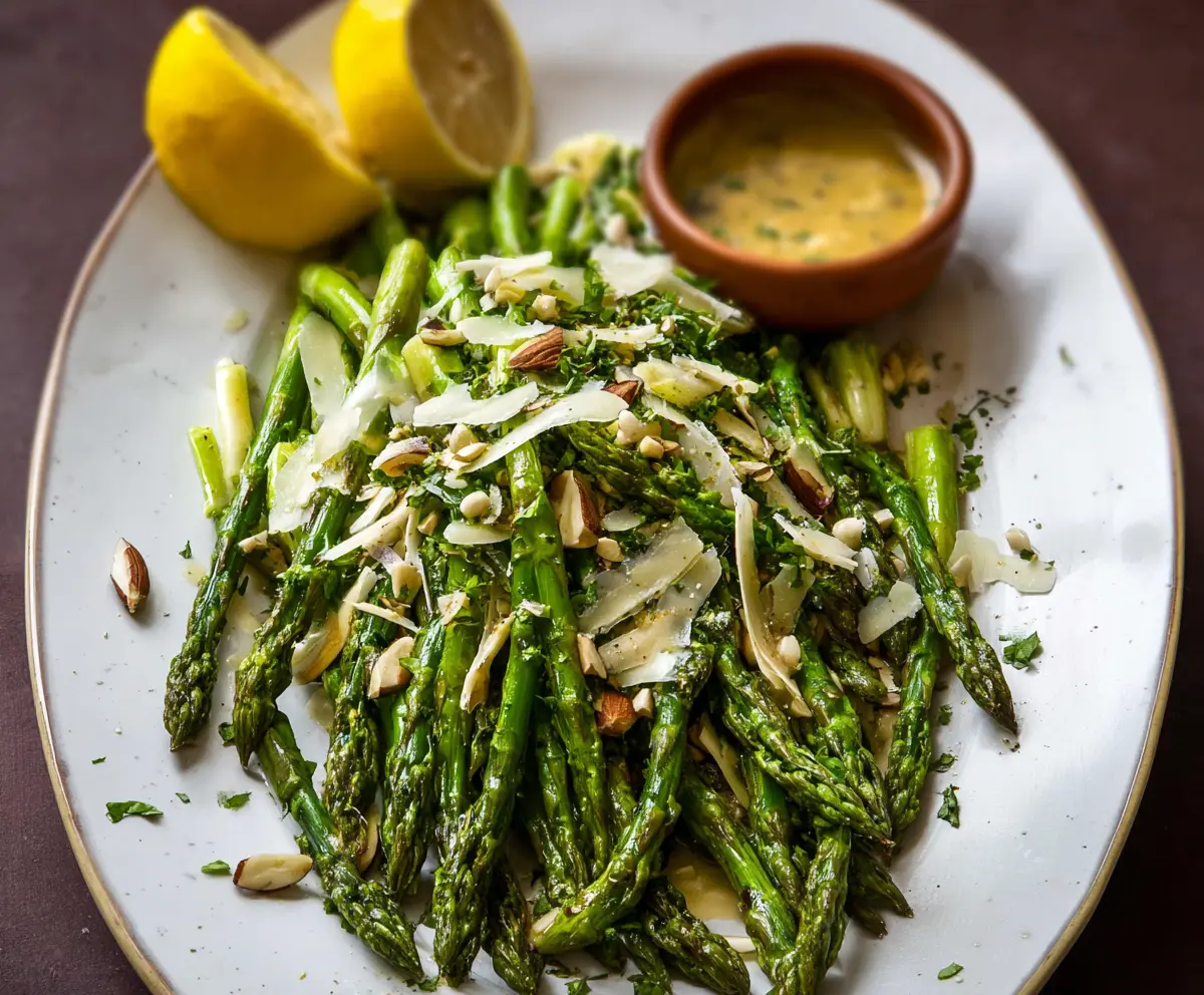 Refreshing Lemon Asparagus Salad topped with shaved cheese and crunchy nuts, perfect for a healthy meal.