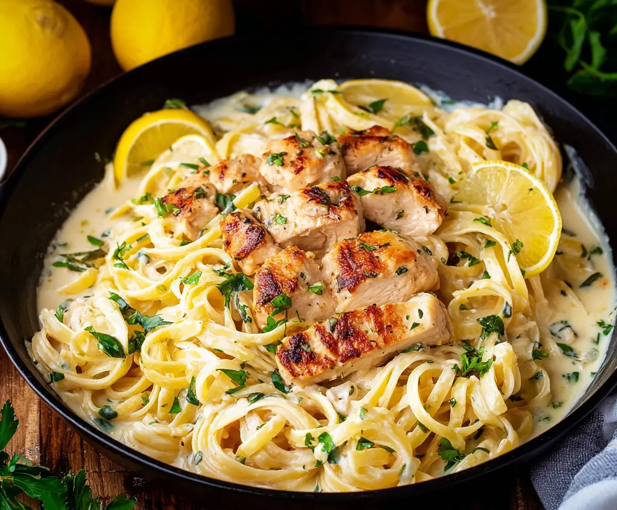 Delicious Lemon Chicken Pasta dish with fresh herbs and zesty lemon slices