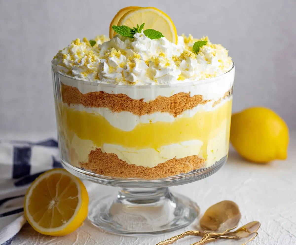 Delicious Lemon Lush Trifle layered with creamy lemon filling and fluffy whipped topping.