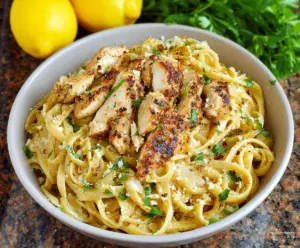 Delicious lemon pepper chicken pasta dish with fresh herbs and pasta noodles